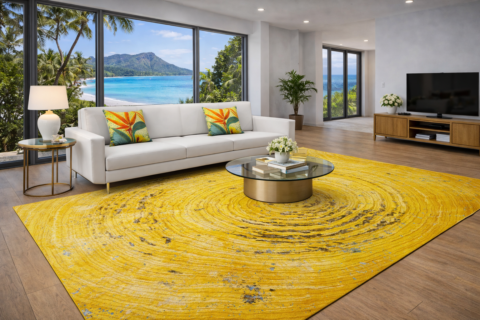 Tropical living room with beach view